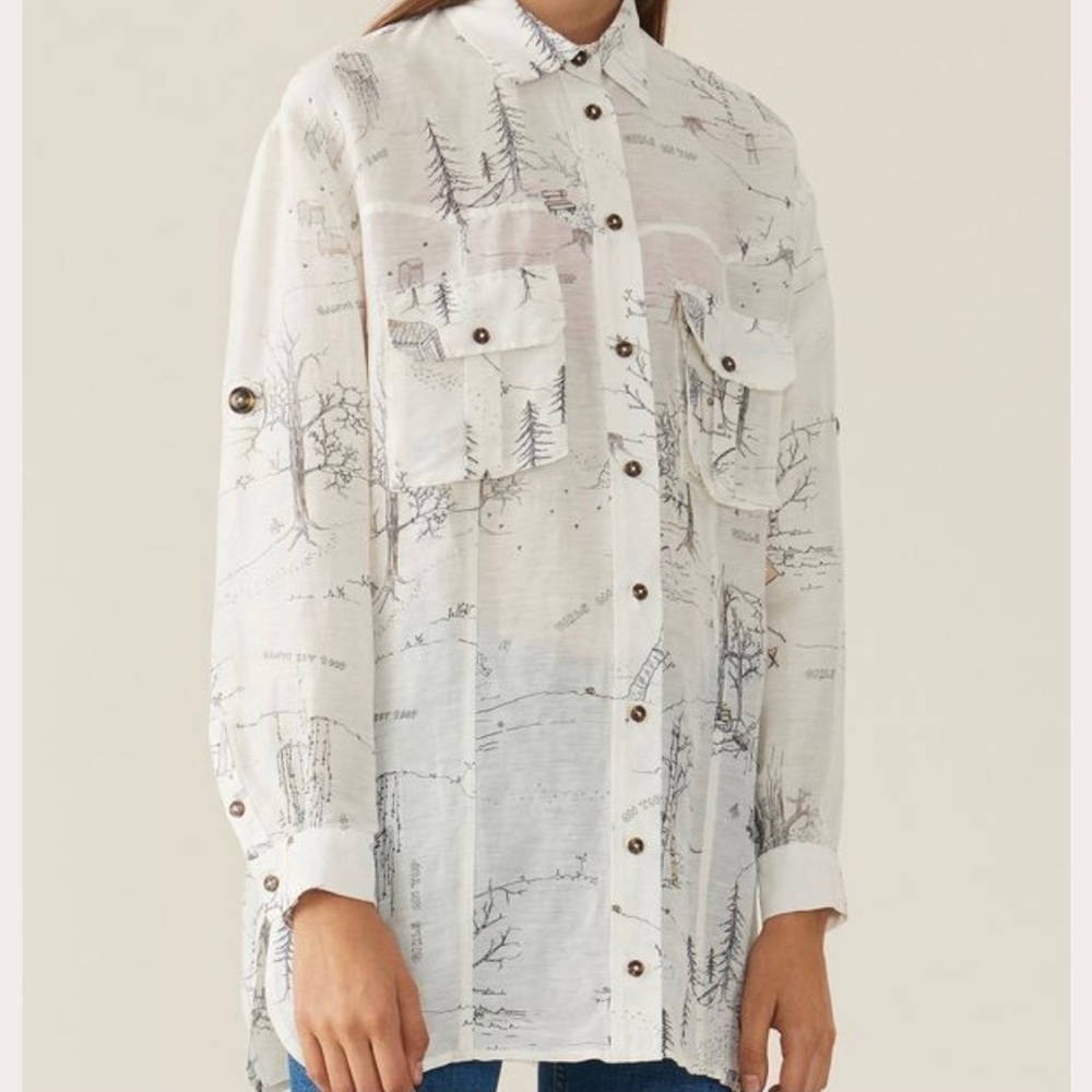 GANNI Silk Linen Girls On Top Oversized Tunic Shirt
